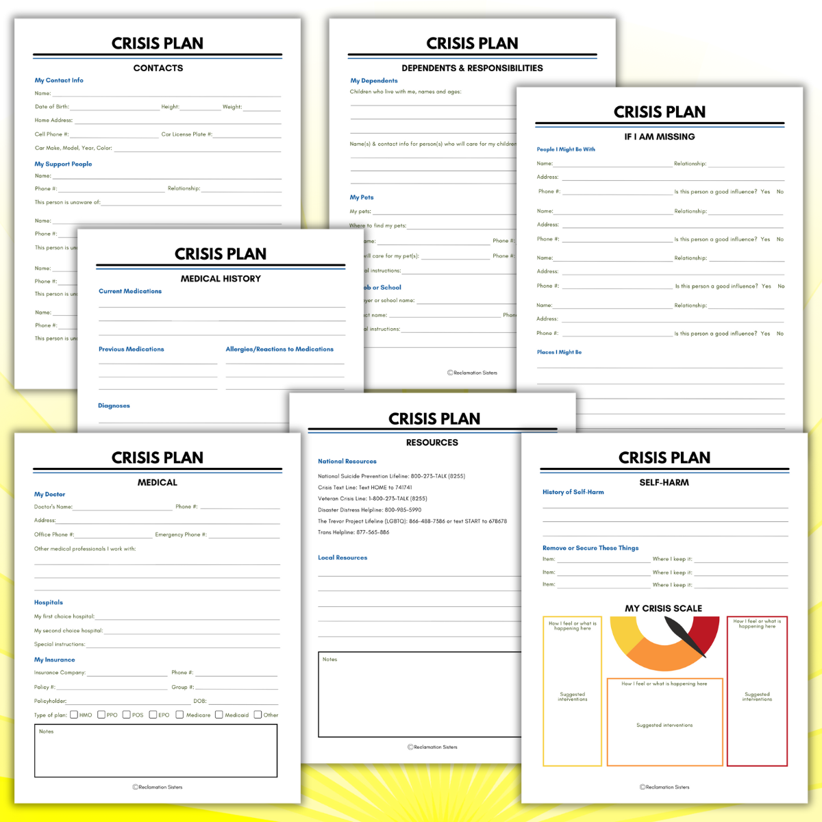 crisis plan sample pages from Reclamation Sisters